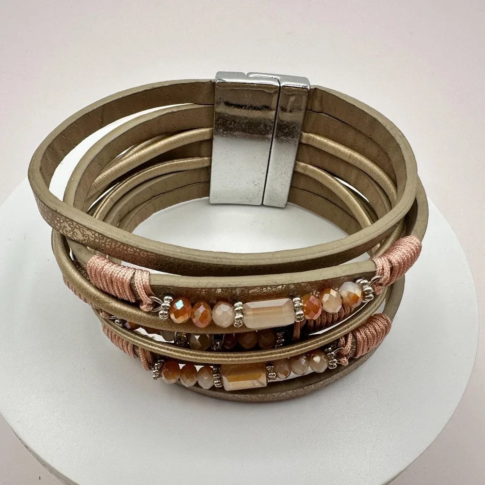 Vintage Y2K Boho Beaded Faux‎ Leather Multi Strand Cuff Bracelet Women's Jewelry